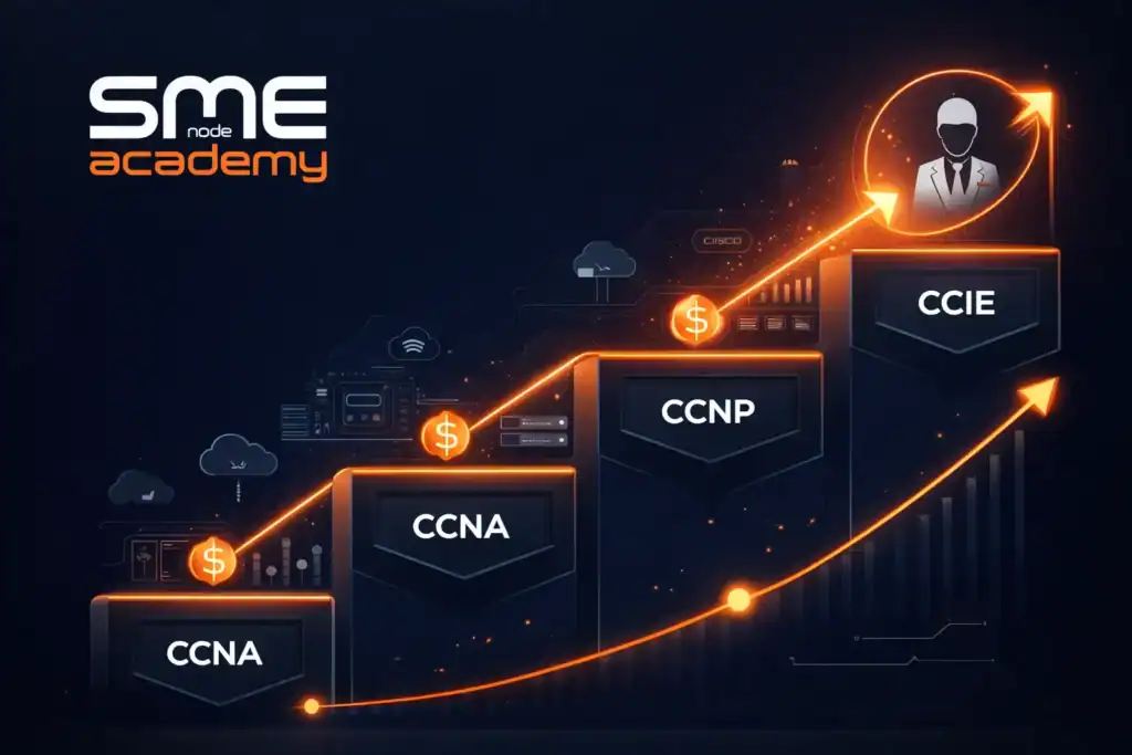 Cisco certifications progression chart showing career growth and salary boost potential.