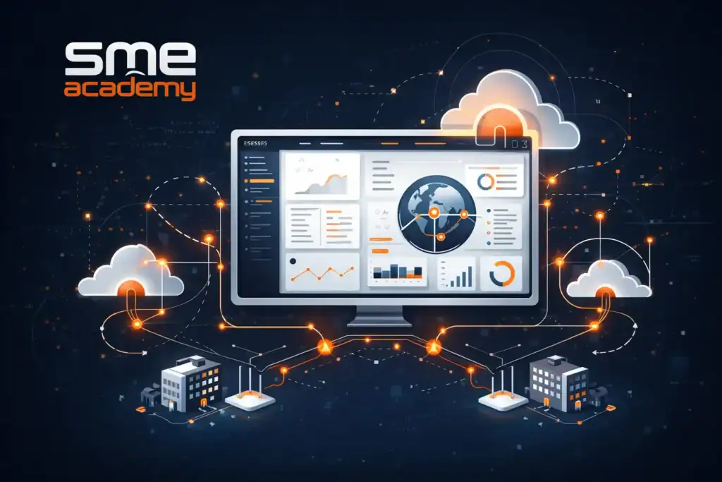 Digital network management interface with cloud and data analytics visuals.