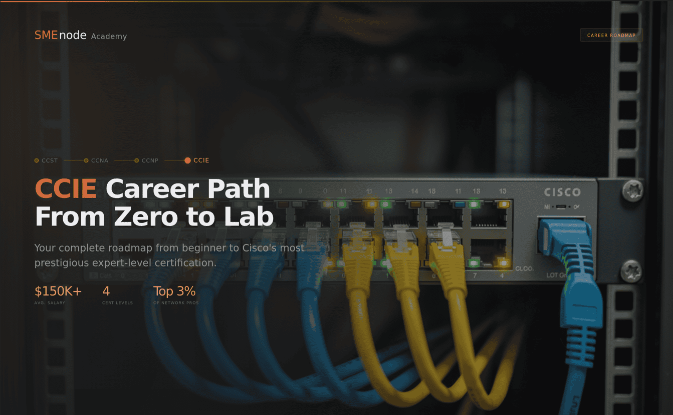CCIE career roadmap with network switches and cables for Cisco certification.