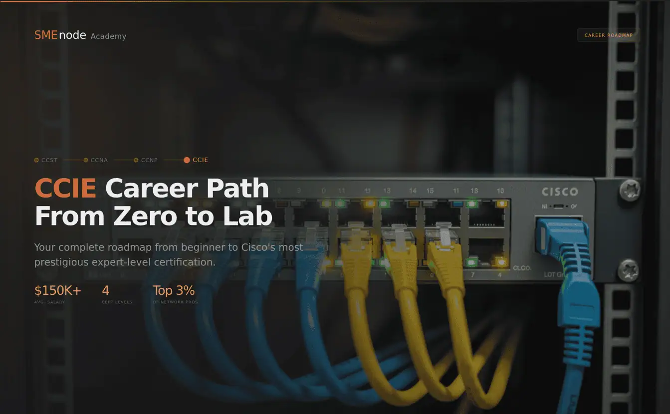 CCIE career roadmap with network switches and cables for Cisco certification.