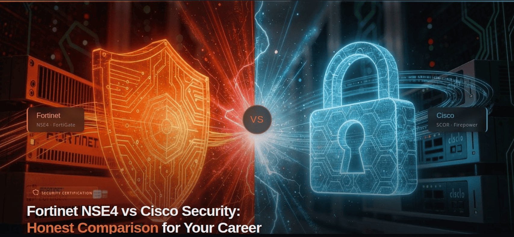 Fortinet NSE4 and Cisco Security lock icons representing cybersecurity comparison.