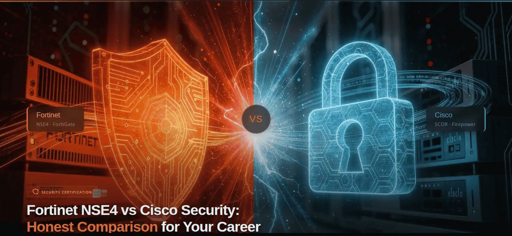Fortinet NSE4 and Cisco Security lock icons representing cybersecurity comparison.