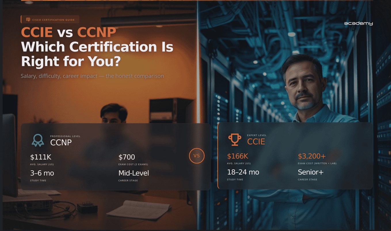 Comparison of CCIE and CCNP certifications for networking professionals.