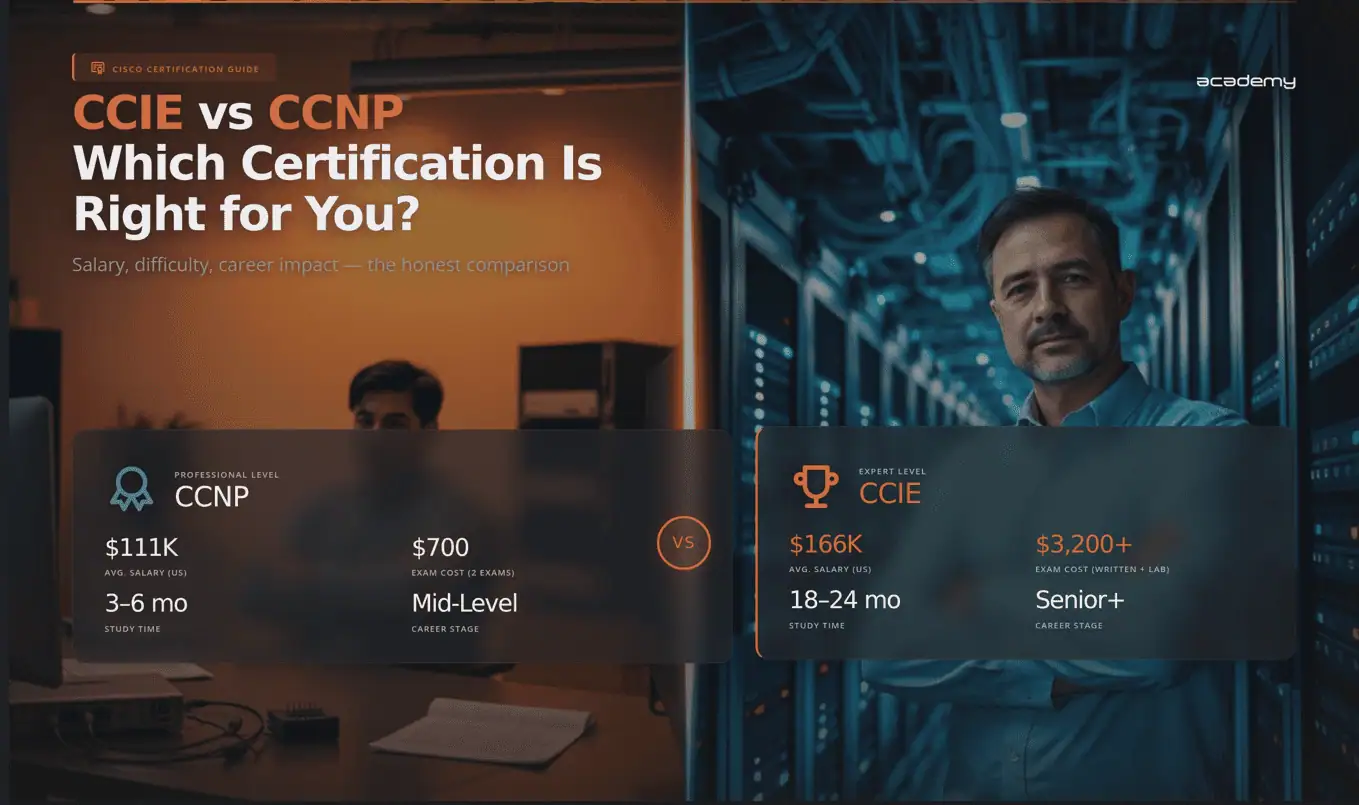 Comparison of CCIE and CCNP certifications for networking professionals.