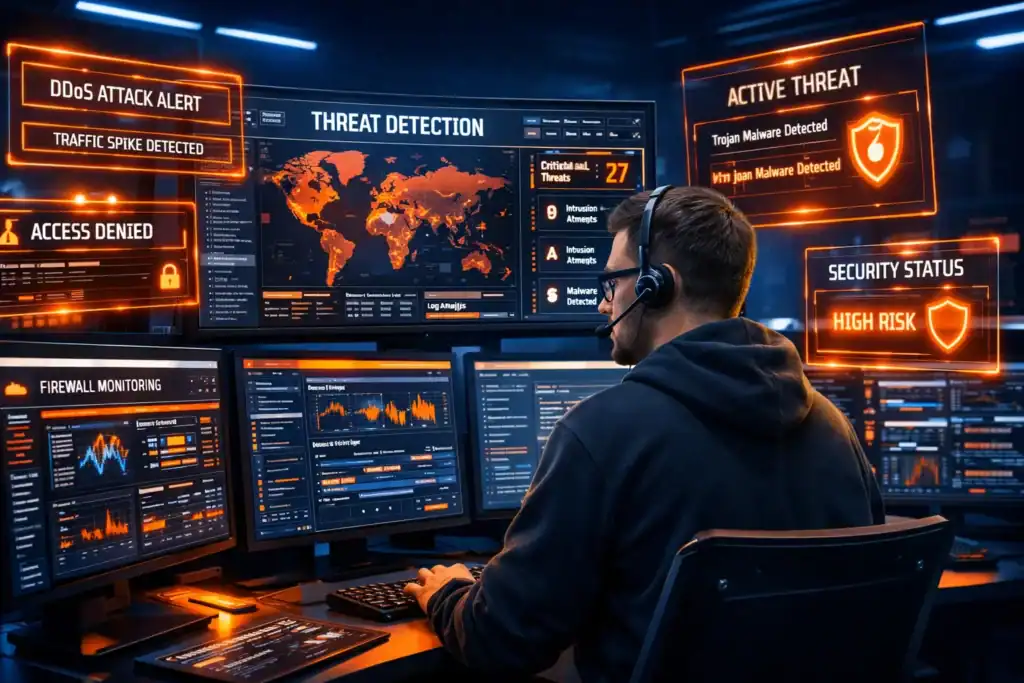 Man monitoring cybersecurity threats on multiple screens for IT certification careers in Canada.