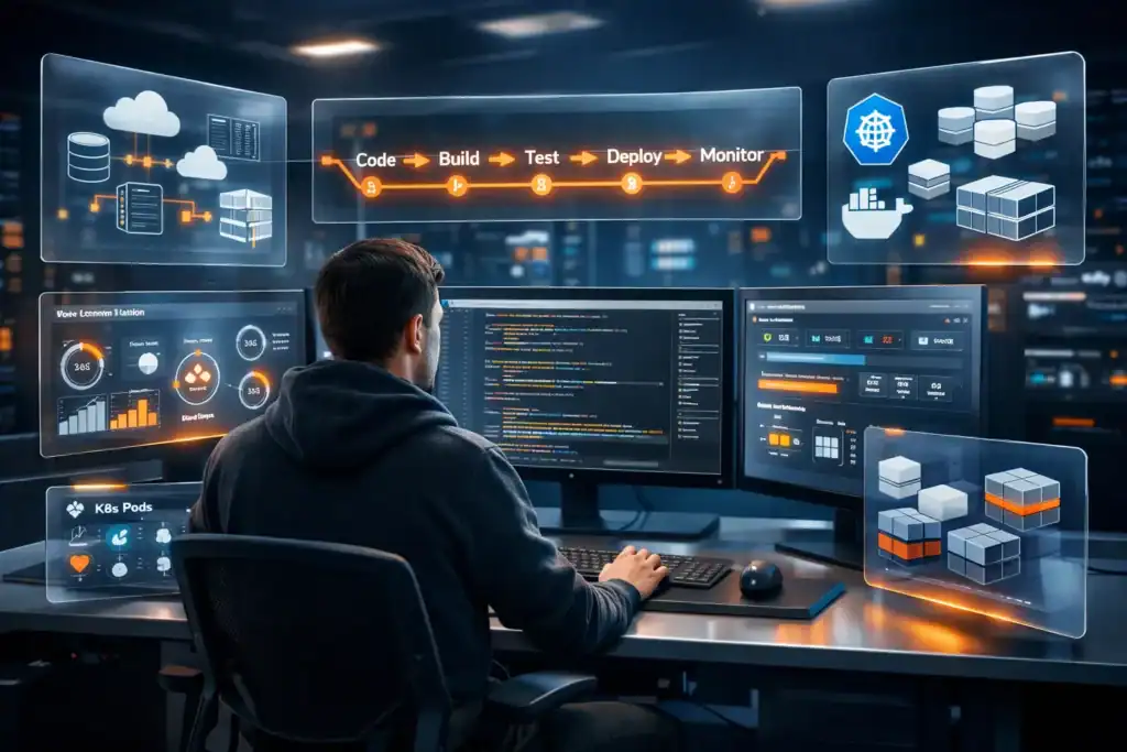 Man working on coding and cloud tech with digital dashboards in a high-tech environment.