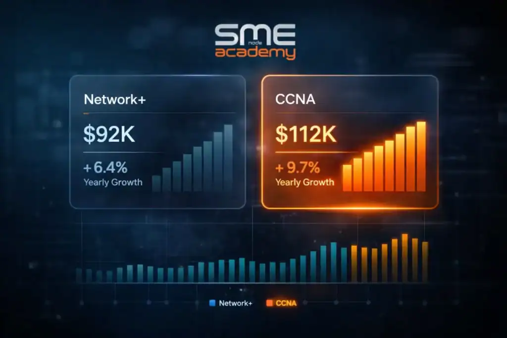 Comparison of Network+ and CCNA certifications with salary and growth data.
