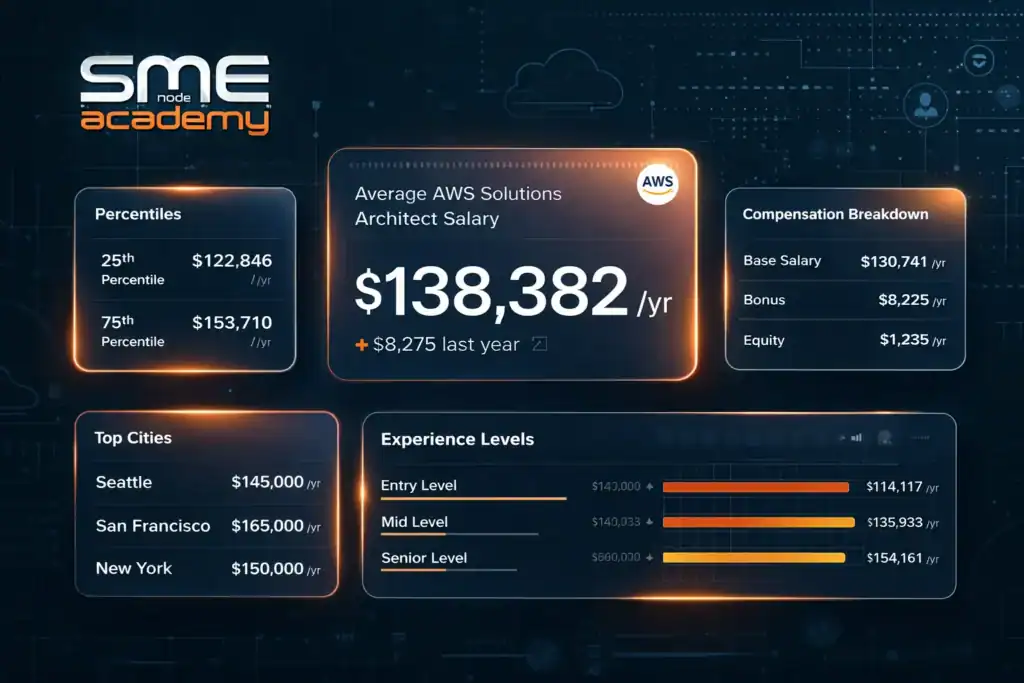 AWS Solutions Architect salary infographic with earnings and experience levels.