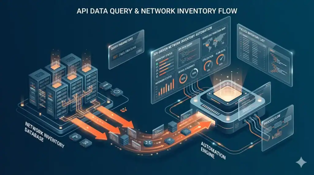 Network inventory flow diagram showing automation with NetBox and Ansible.