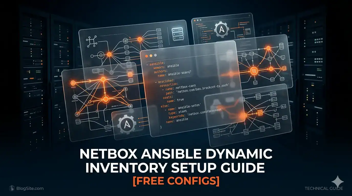 Visual of NetBox Ansible dynamic inventory configuration with code and network diagrams.