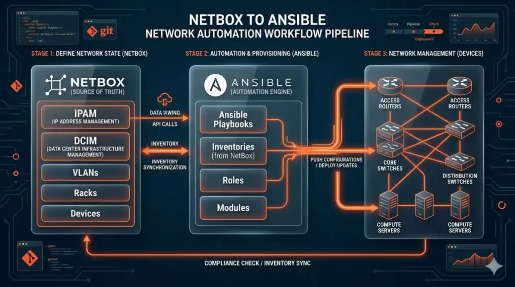 Diagram of NetBox and Ansible integration for dynamic inventory management.