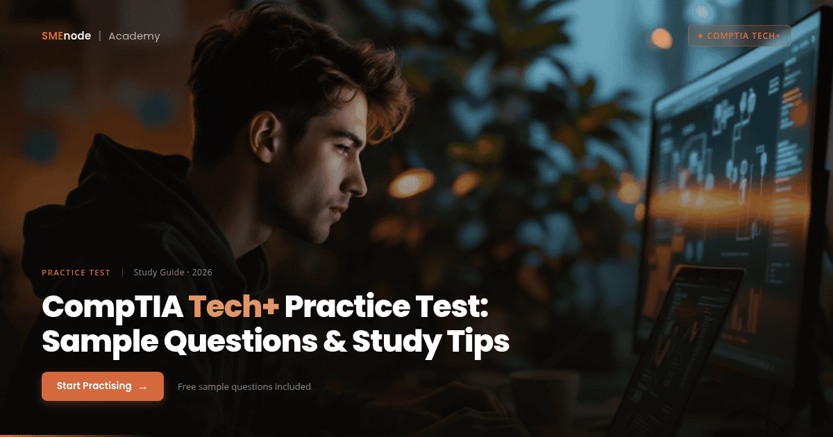 Young man studying with computer screens displaying tech questions for CompTIA Tech+ exam.
