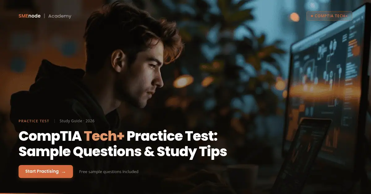 Young man studying with computer screens displaying tech questions for CompTIA Tech+ exam.