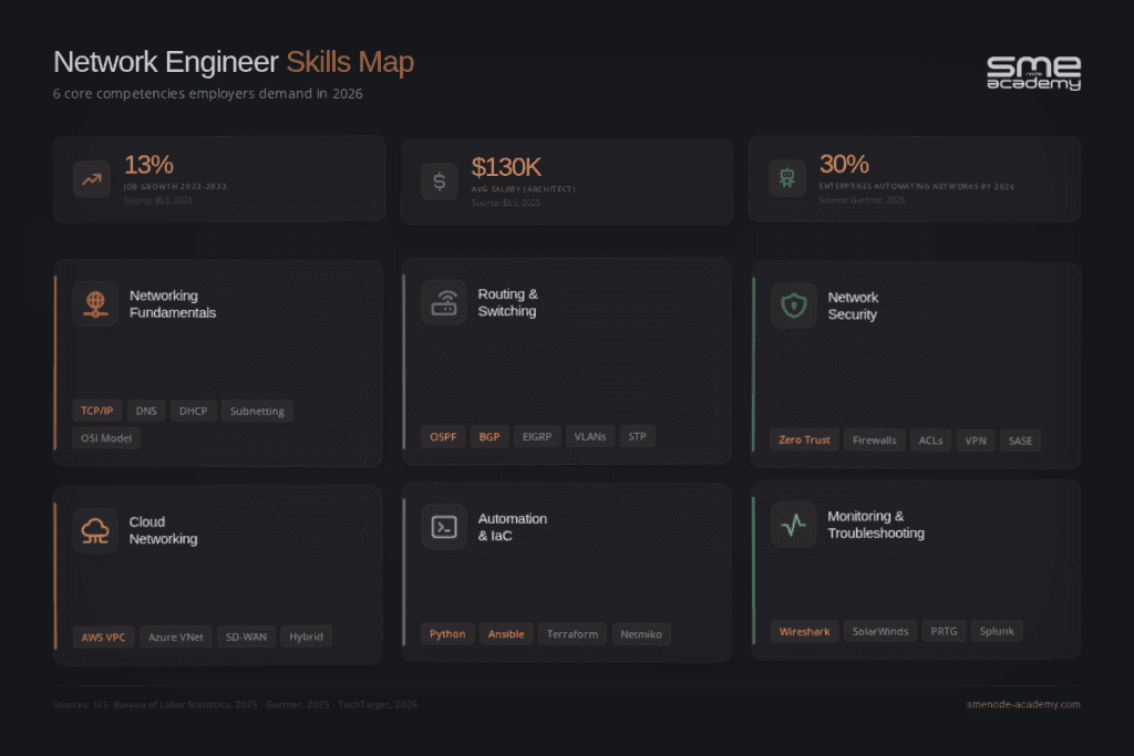 Visual skills map for aspiring network engineers in 2026.
