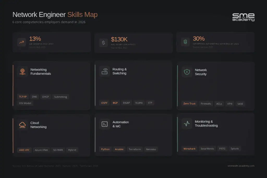 Visual skills map for aspiring network engineers in 2026.