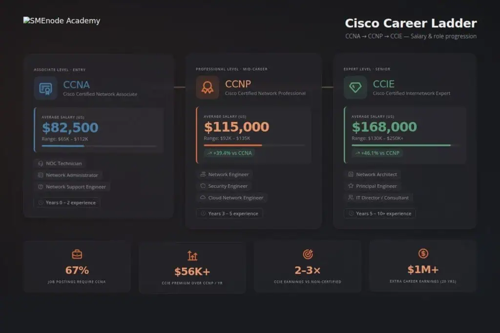 Comparison of CCNA, CCNP, and CCIE Cisco certifications for career growth.