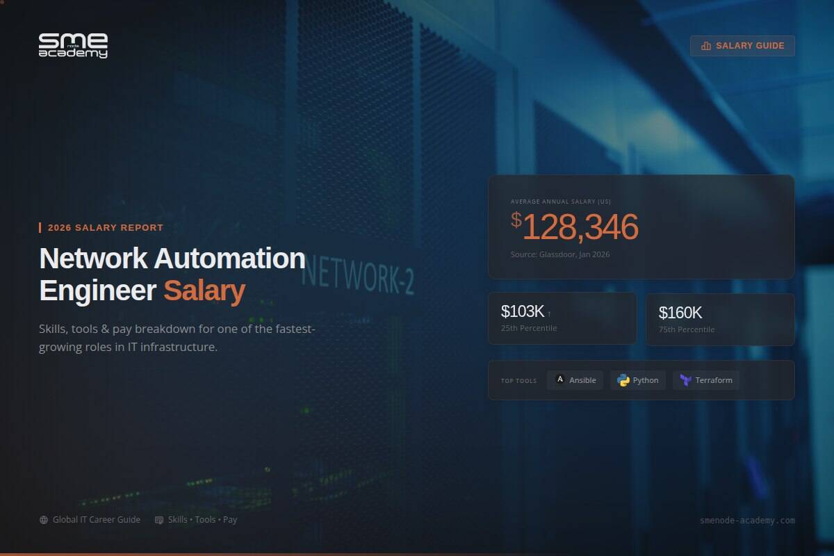 Network Automation Engineer salary infographic for 2026 with skills and tools.