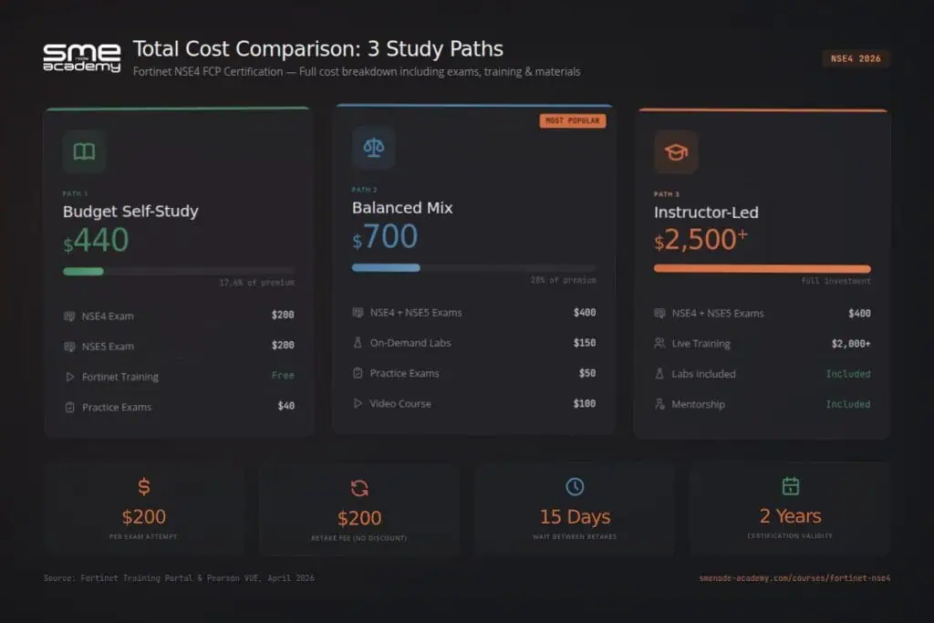 Fortinet NSE4 exam cost comparison for certification in 2026.