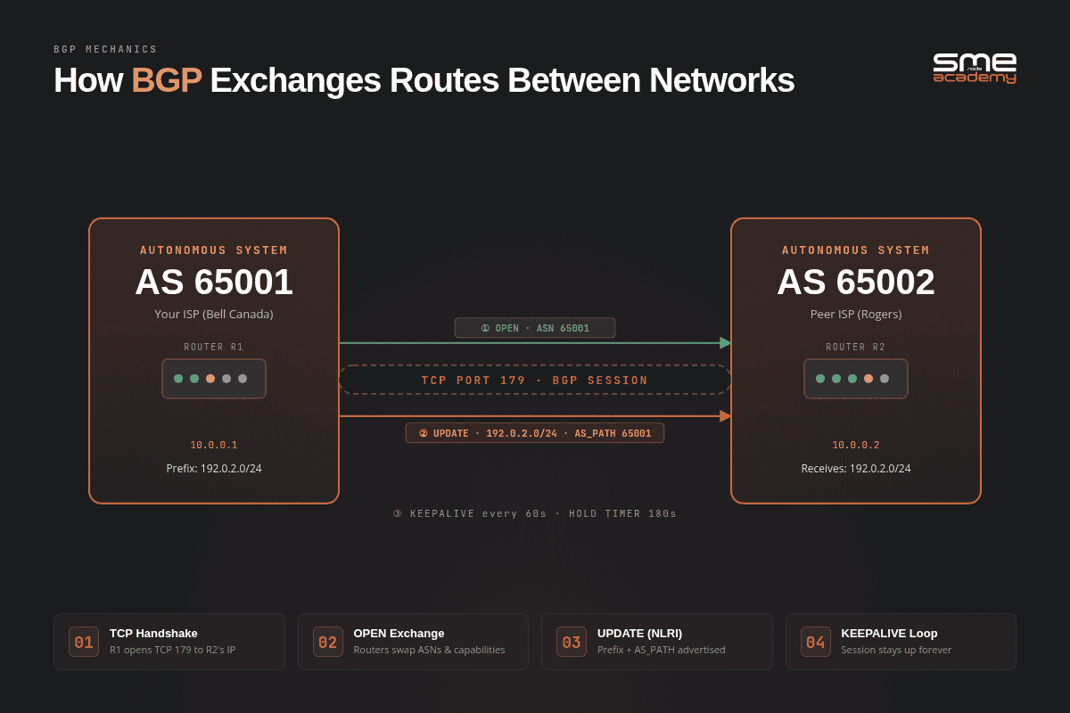 Diagram showing BGP route exchange between two autonomous systems over TCP port 179, with UPDATE messages carrying prefixes and AS_PATH attributes.