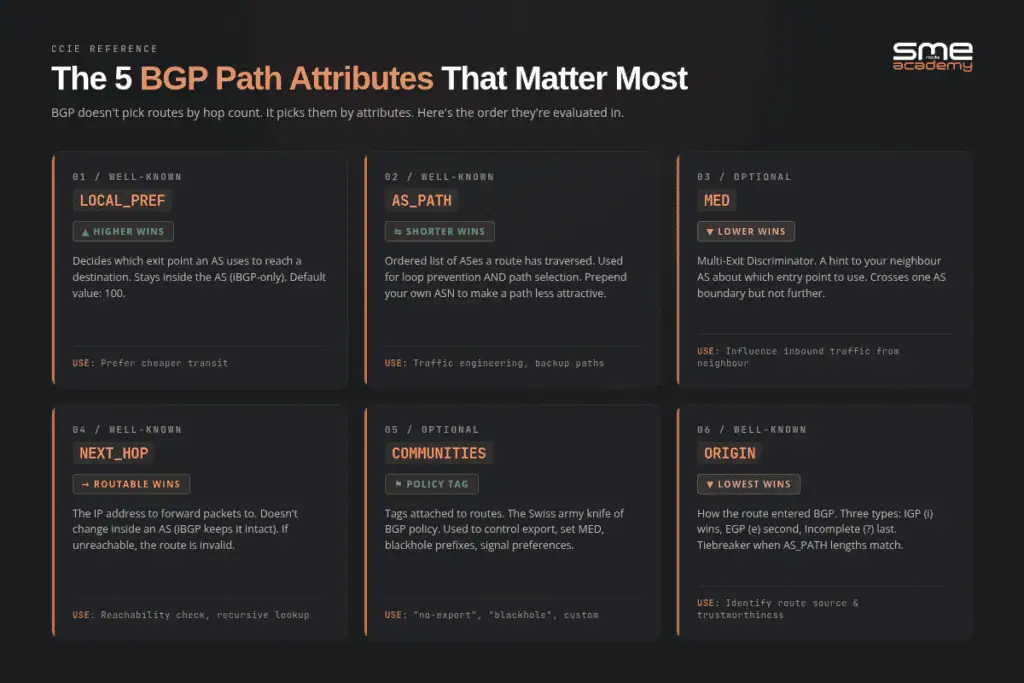 Visual overview of the five key BGP path attributes for network routing.
