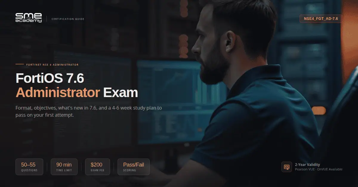 Man taking FortiOS 7.6 administrator exam with computer screens in background.