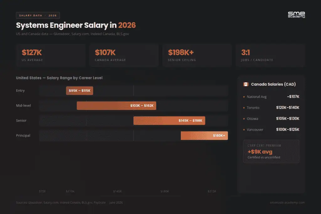 Systems Engineer salary infographic for 2026 with salary ranges and job market insights.