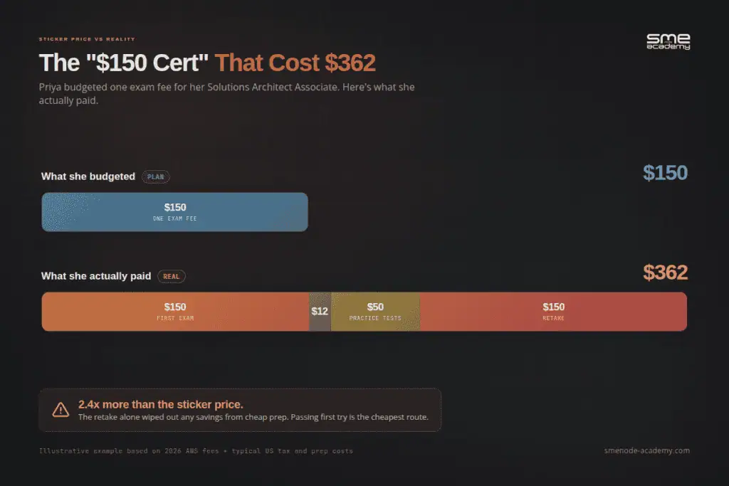 Exam fee comparison showing $150 budgeted and $362 actual cost.