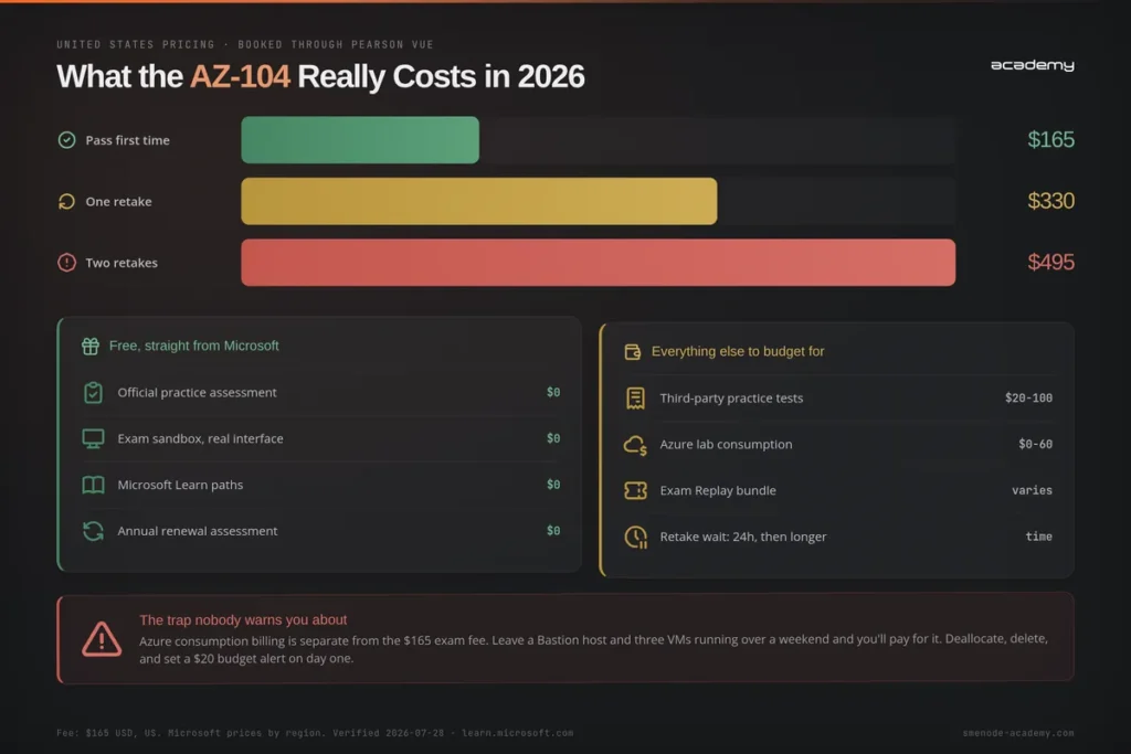 Cost comparison of AZ-104 exam retakes in 2026 with pricing details.