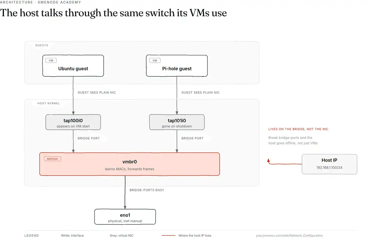 Diagram of a Proxmox host: an Ubuntu guest and a Pi-hole guest each connect through a tap device into the vmbr0 bridge, which carries the host IP 192.168.1.100/24 and links out to the physical eno1 NIC.