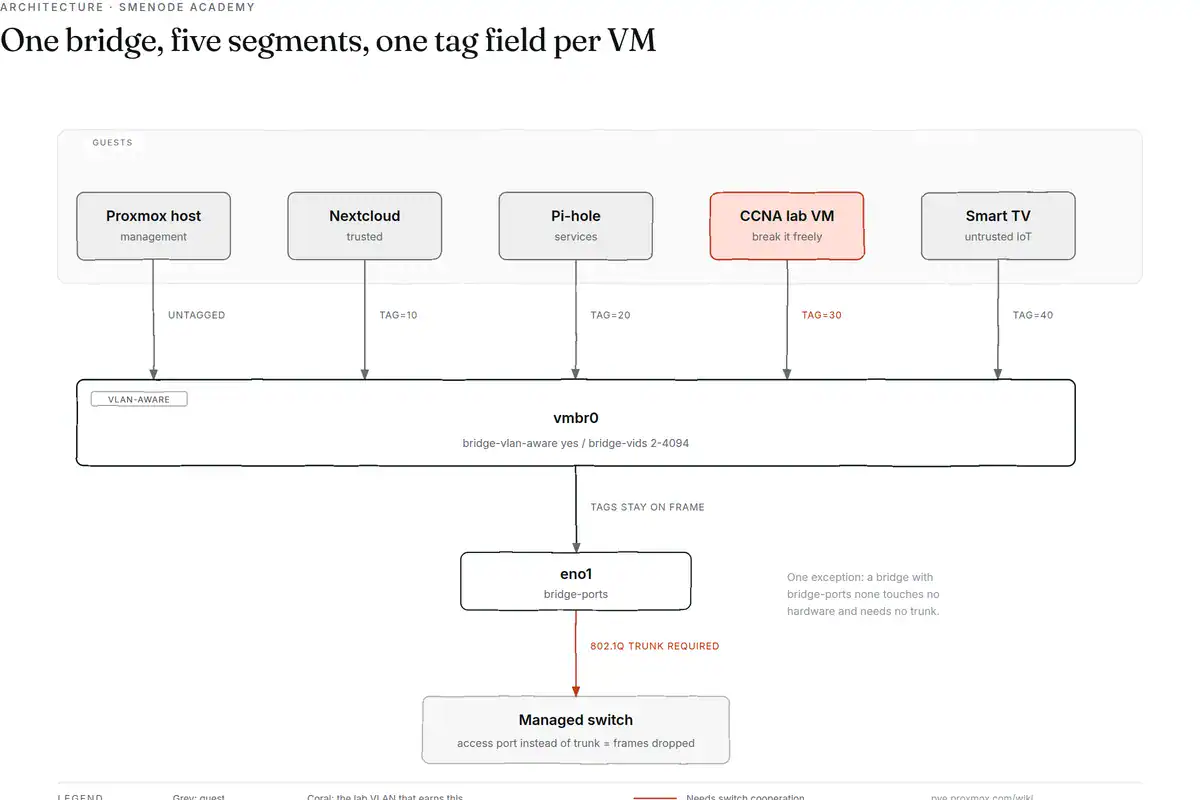 Diagram of one VLAN-aware vmbr0 bridge carrying five segments: an untagged management host plus guests tagged 10, 20, 30 and 40, trunked through eno1 to a managed switch where an access port instead of a trunk drops the tagged frames.