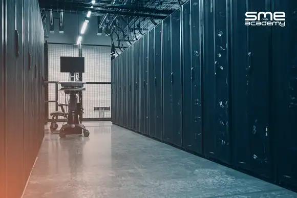 Data center server racks with SME Academy logo in the corner.