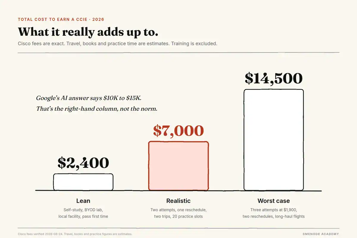 Column chart of total CCIE cost: lean $2,400, realistic $7,000, and worst case $14,500, with the worst case matching Google's AI answer of $10K to $15K.