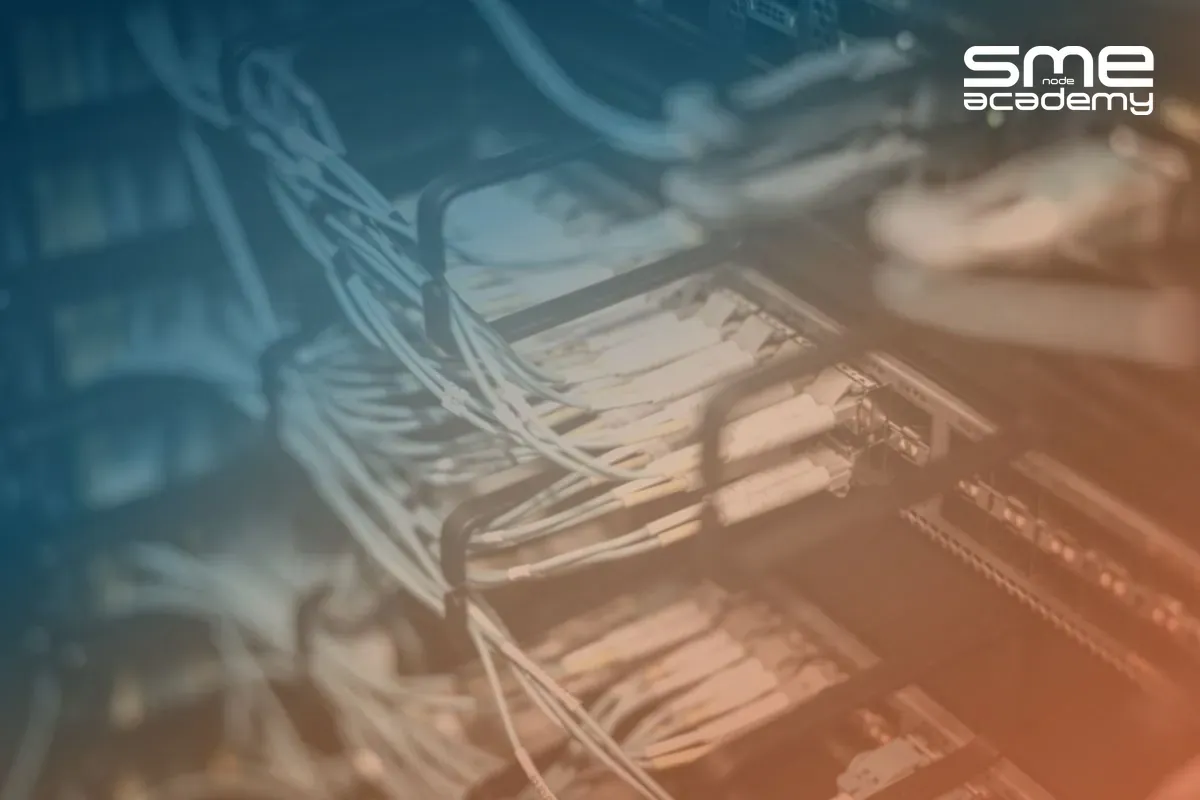 Network server with cables and hardware, representing cybersecurity and network management.