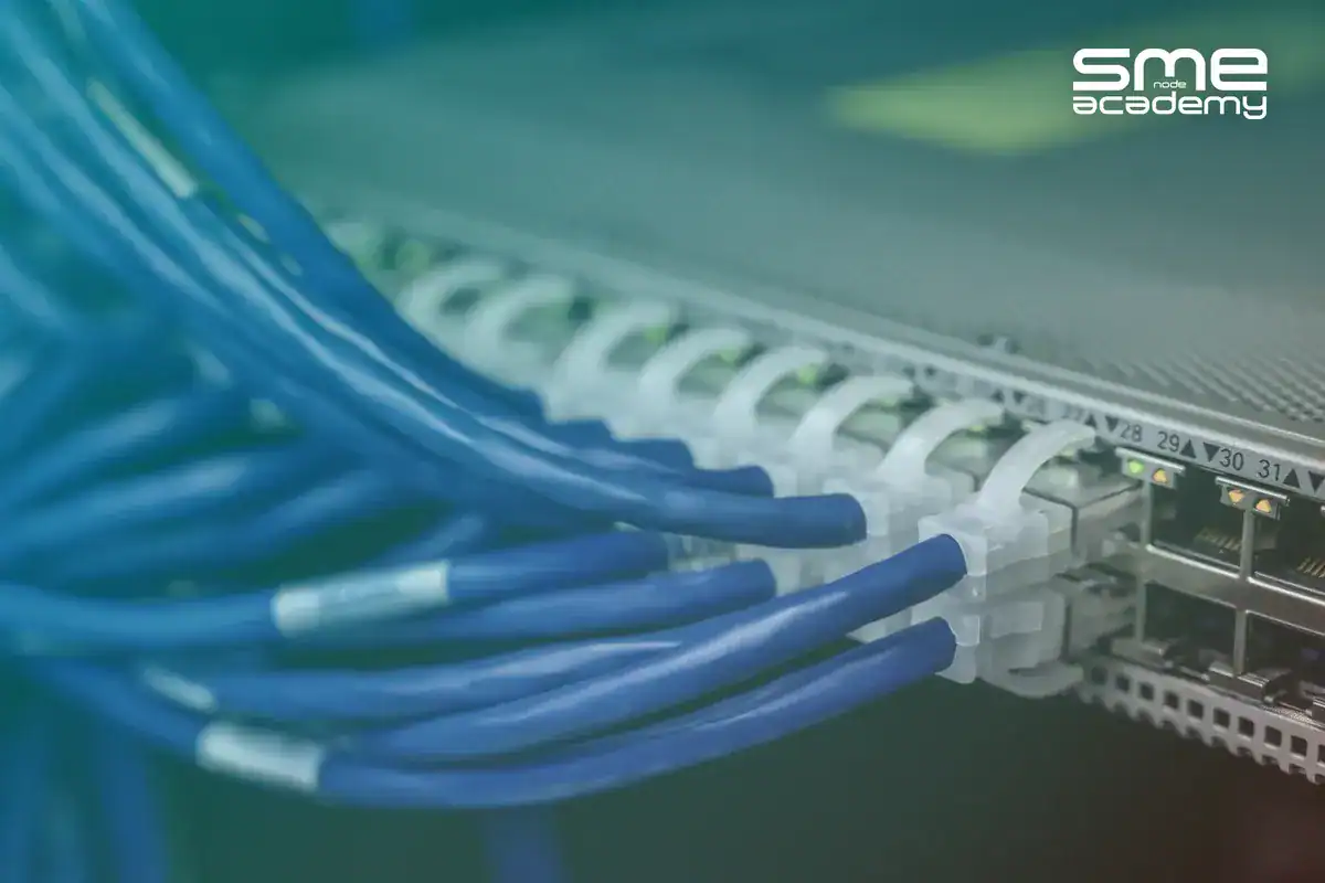 Close-up of network cables connected to a switch or router.