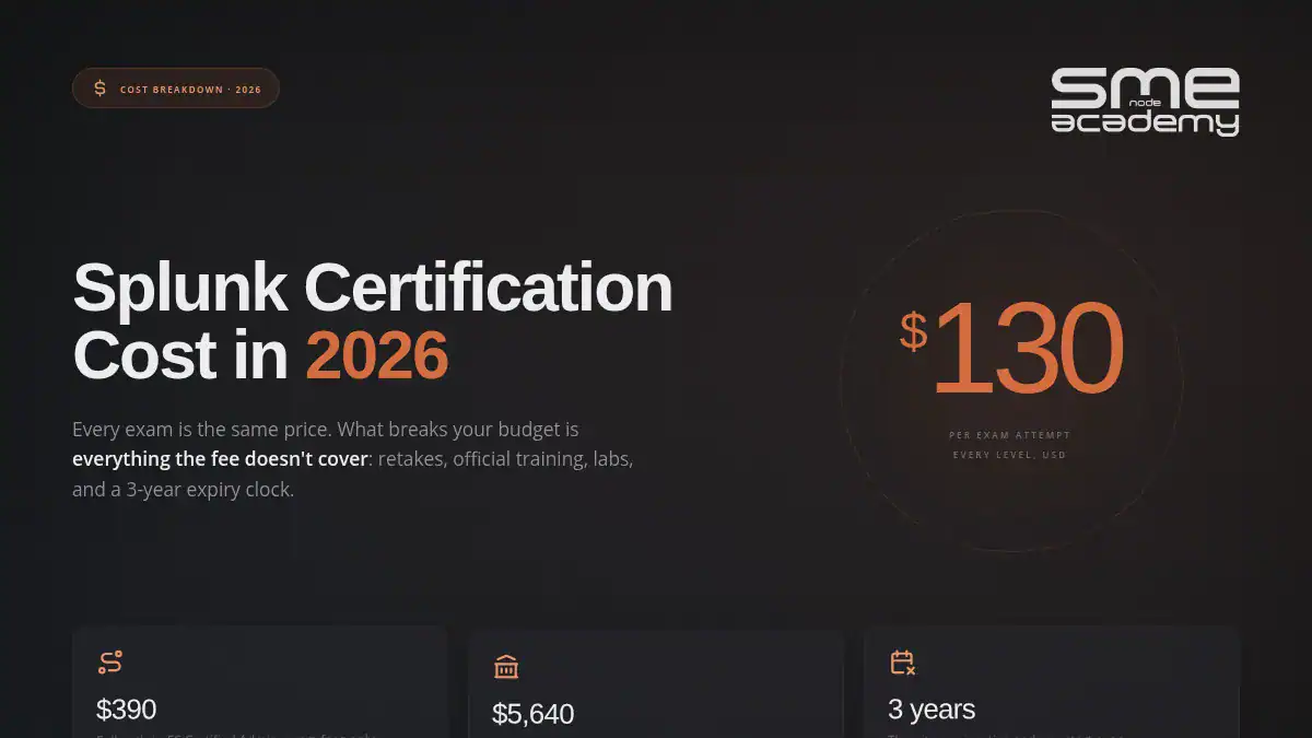 Splunk Certification Cost in 2026 infographic with fees and details.