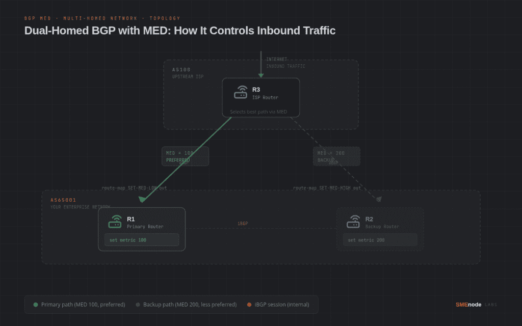 Diagram showing BGP multi-exit discriminator control of inbound traffic flow.