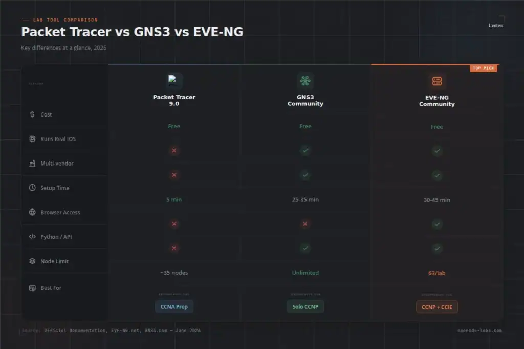 Comparison of Packet Tracer, GNS3, and EVE-NG network simulation tools.