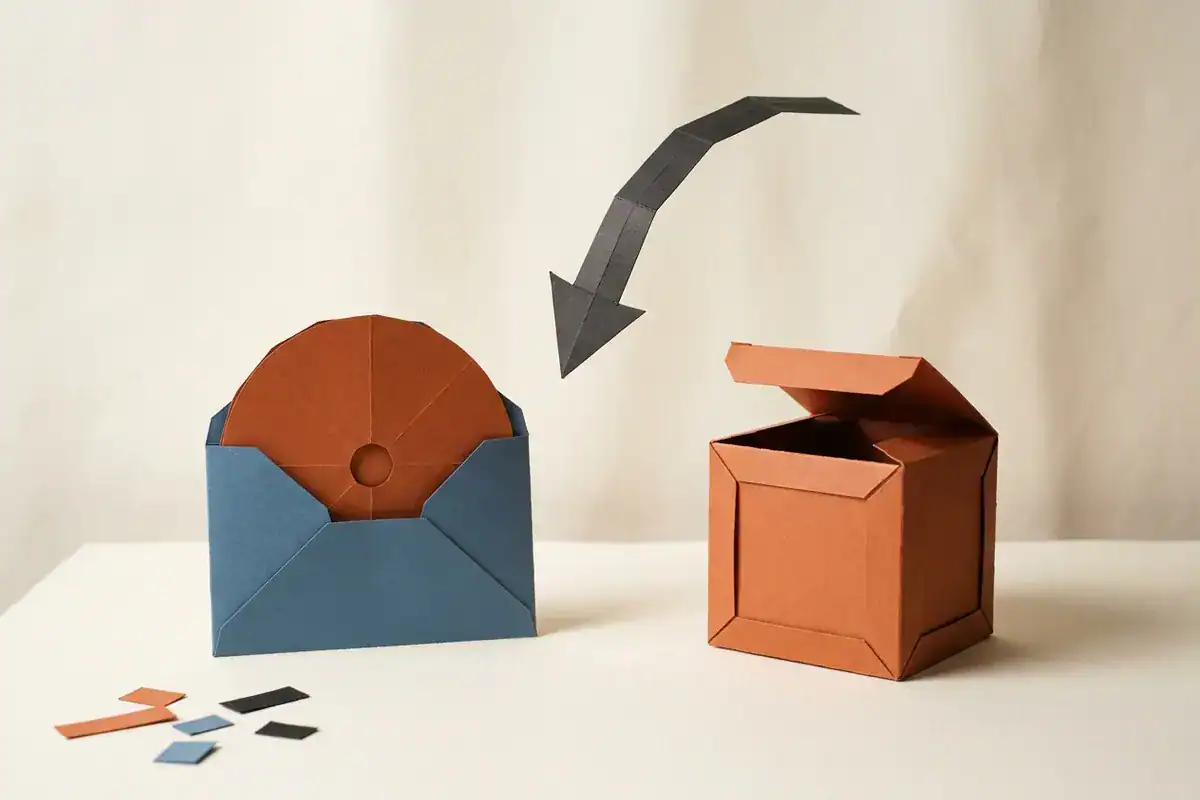 Folded paper illustration of the two EVE-NG downloads, an ISO disc in a paper sleeve beside a packaged OVA appliance box.