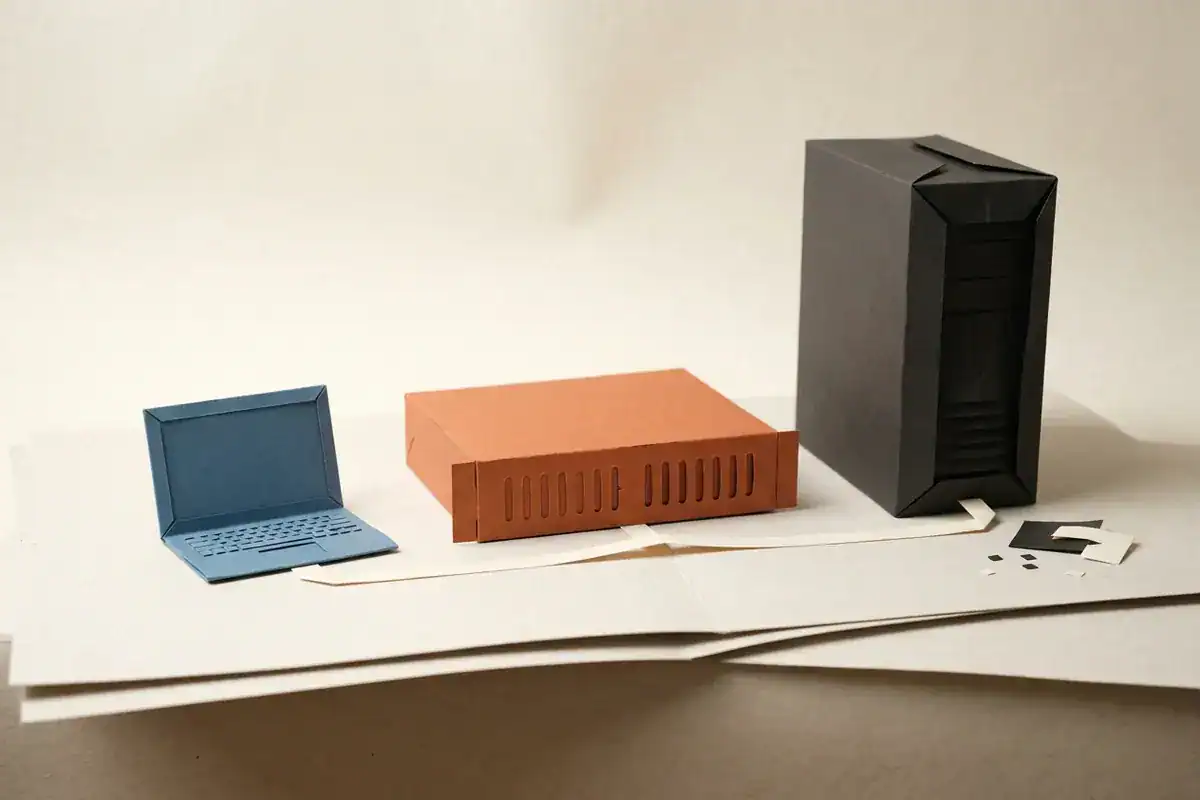Folded paper illustration of the three EVE-NG install targets, a laptop, a rack server and a bare metal tower.