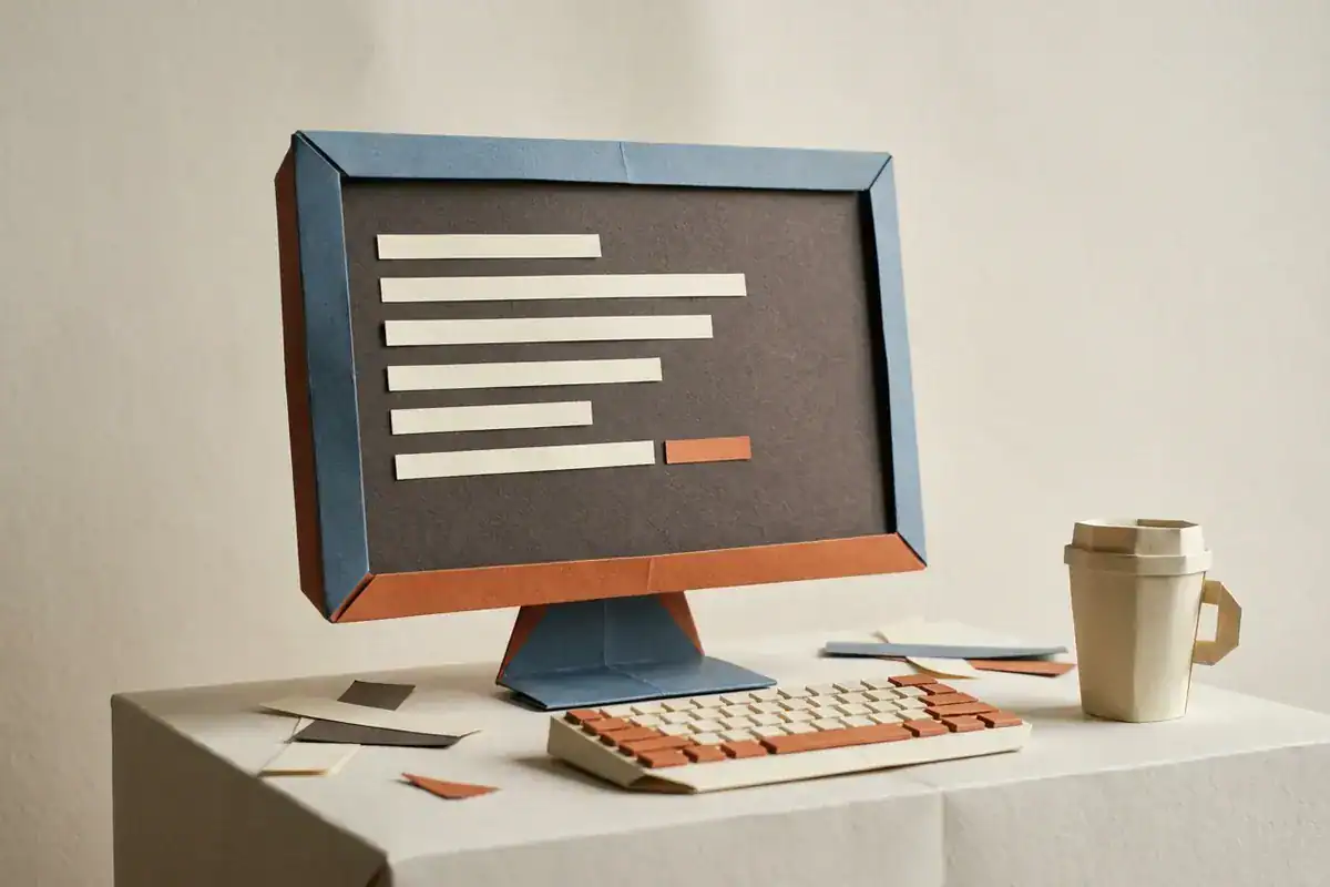 Folded paper illustration of the EVE-NG console at first boot, with a cursor on the last line.