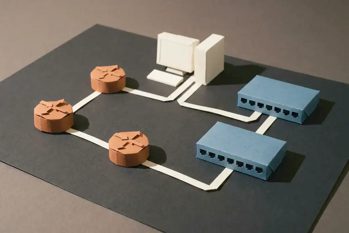 Folded paper network topology, paper routers and switches joined to a workstation by ribbon links.