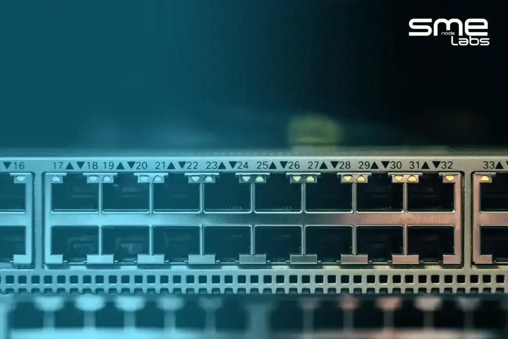 Network switch ports with VLAN tagging labels for network segmentation.