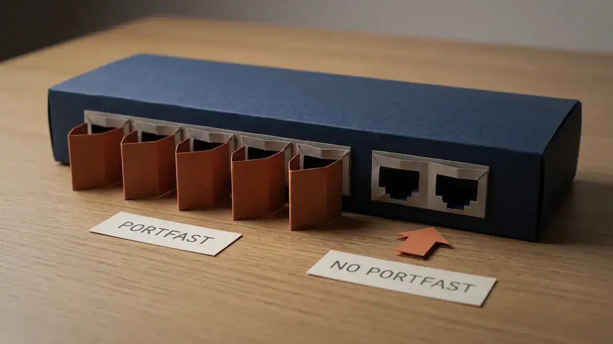 Paper-craft scene of a folded paper switch whose eight ports show five guarded by upright orange paper shields labelled PortFast and two left open and unguarded, with an orange paper arrow pointing at the gap labelled No PortFast.