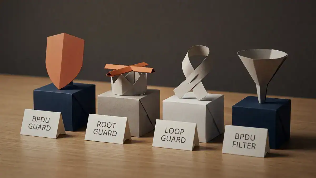 Paper-craft scene of four paper pedestals holding an orange shield, a crown barred by an orange strip, a looped ribbon with a gap, and a paper funnel, each with a name card reading BPDU Guard, Root Guard, Loop Guard and BPDU Filter.