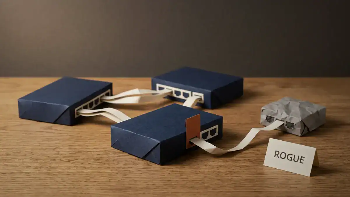 Paper-craft scene of three folded paper network switches linked by ribbon cables, with a small crumpled grey paper switch labelled ROGUE off to one side whose cable is stopped dead by an orange paper flap covering the port.
