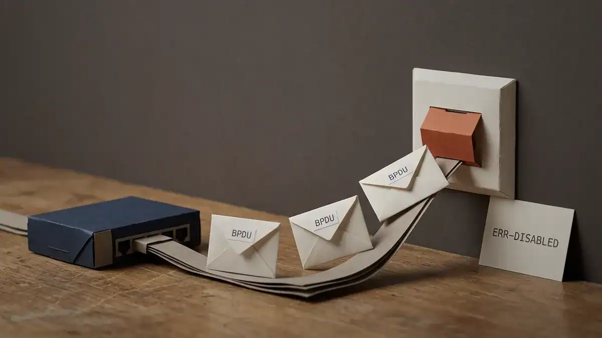 Paper-craft scene of a folded paper network switch sending three paper envelopes labelled BPDU along a ribbon cable toward a wall jack, where an upright orange paper shutter has slammed closed beside a card reading ERR-DISABLED.