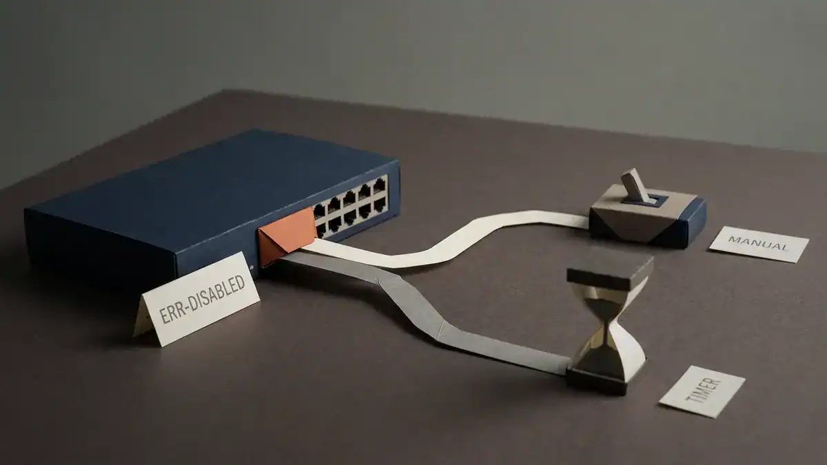 Paper-craft scene of a folded paper switch with one port sealed by an orange paper flap beside a card reading ERR-DISABLED, with two ribbon paths forking to a paper toggle marked MANUAL and a paper hourglass marked TIMER.