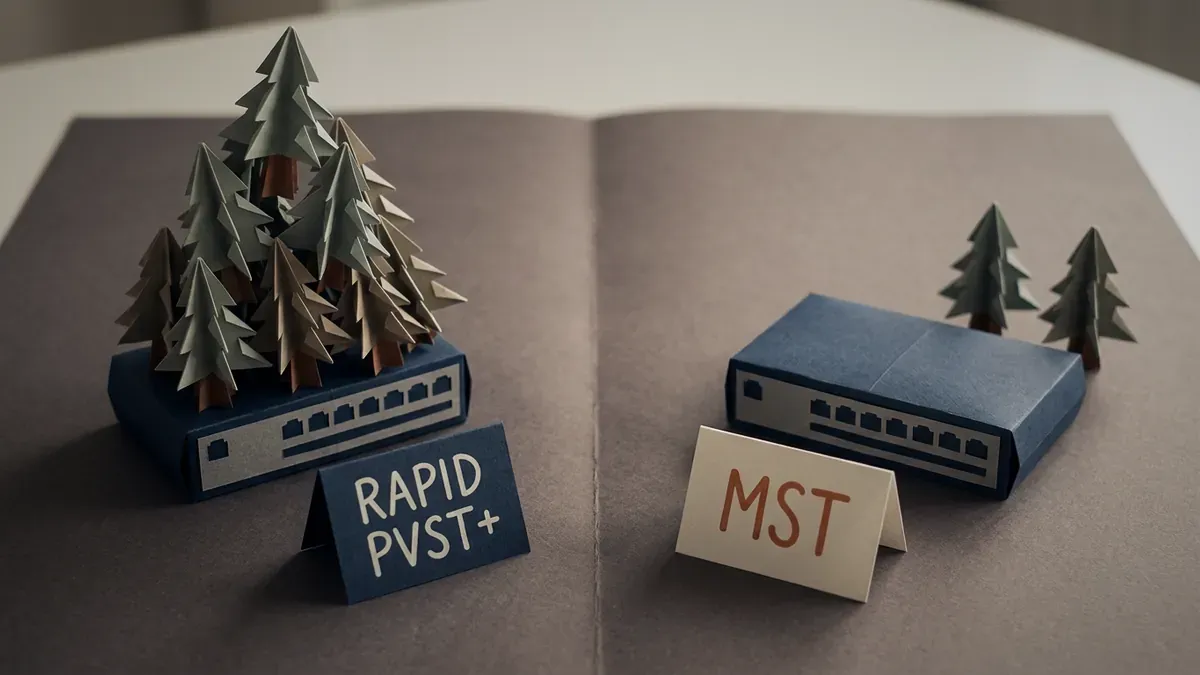 Paper-craft comparison: a paper switch buried under a tall stack of paper trees beside a card reading RAPID PVST+, and the same switch standing clear with two trees beside a card reading MST.