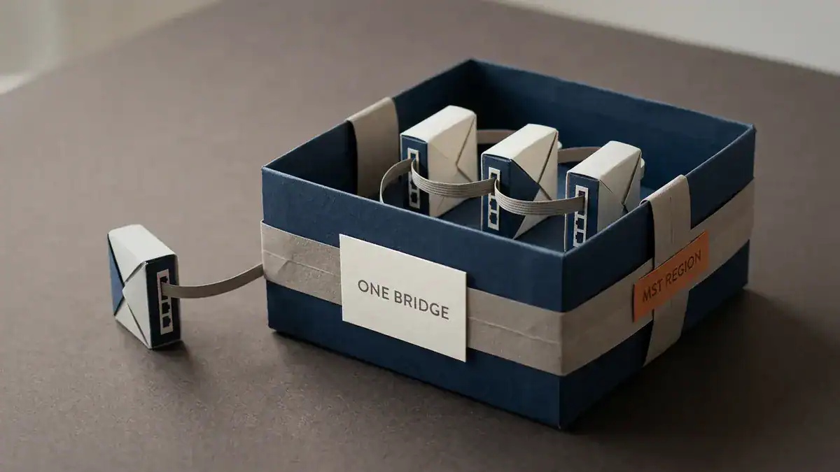 Paper-craft scene of a paper box wrapped in a boundary ribbon holding three small paper switches, labelled ONE BRIDGE and MST REGION, with a separate switch outside cabled to the box wall.