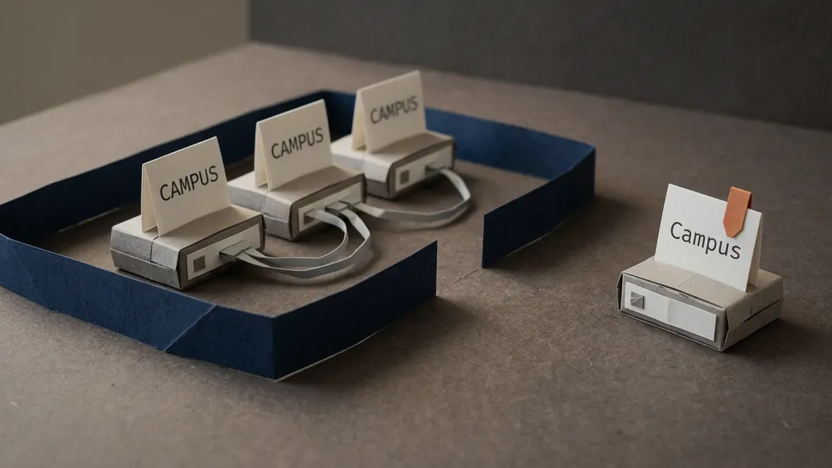 Paper-craft scene of three paper switches inside a boundary ribbon holding cards printed CAMPUS, and a fourth alone outside holding a card printed Campus in lower case with an orange tab.